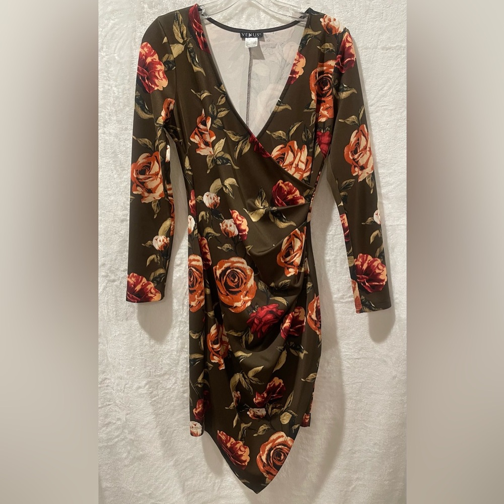 Venus Dress Brown With Rose's Floral Bodycon Faux Wrap DressSize Small (X4)